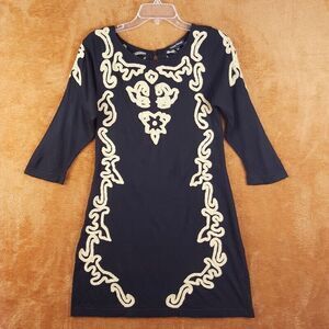 YOUNG THREADS Womens Dress Medium Black Pullover Sweater Tan Lightweight Knit